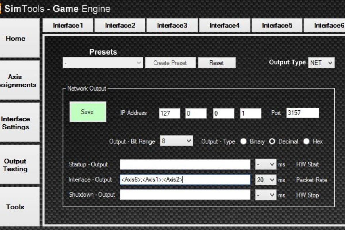SimTools v3 interface showing motion platform axis configuration
