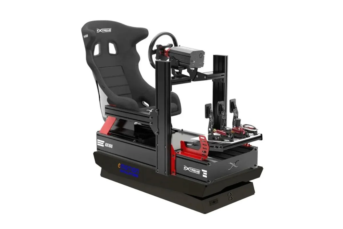 A racing simulator setup with a racing seat, steering wheel, pedals, and a frame for mounting simulators.