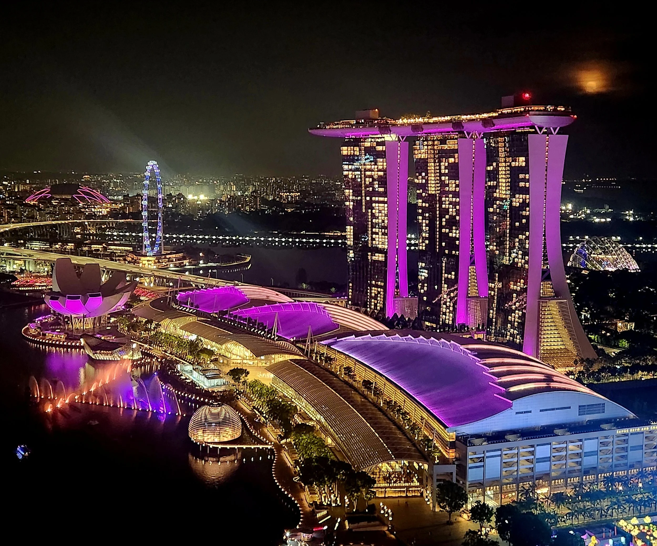 Podróże - Singapur. Hotel Marina Bay Sands, Singapur po zmroku.