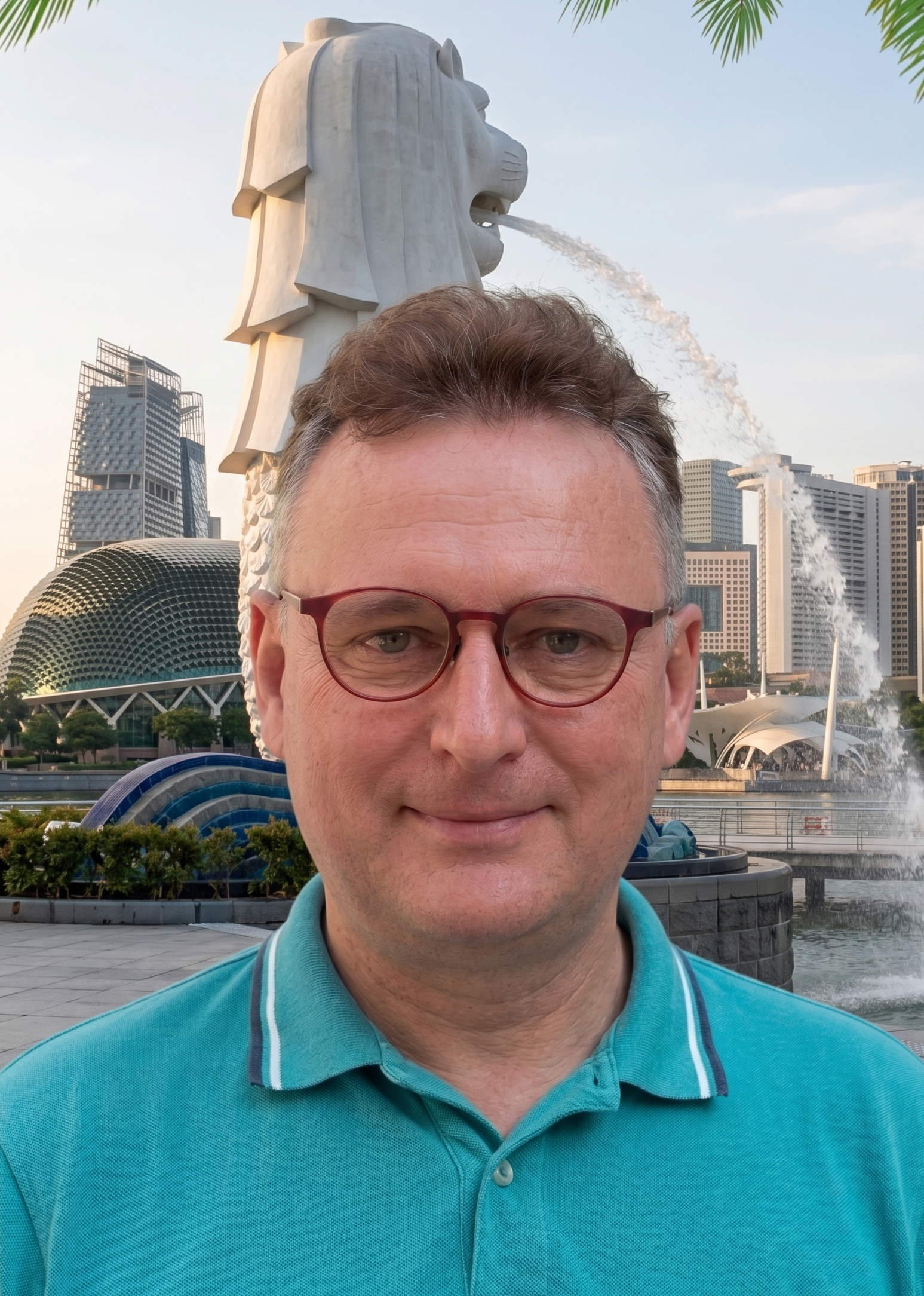 A man with glasses and a blue polo shirt taking a selfie in front of the Merlion statue in Singapore, with modern buildings and greenery in the background.