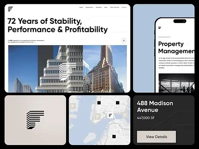 Een collage van verschillende digitale schermen en een plattegrond, met tekst zoals '72 Years of Stability, Performance & Profitability'.
