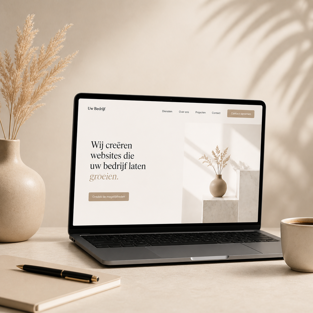 Laptop op een tafel met een website die zegt 'Wij creëren websites die uw bedrijf laten groeien.' naast een beige vaas met gedroogde bloemen en een kopje koffie.