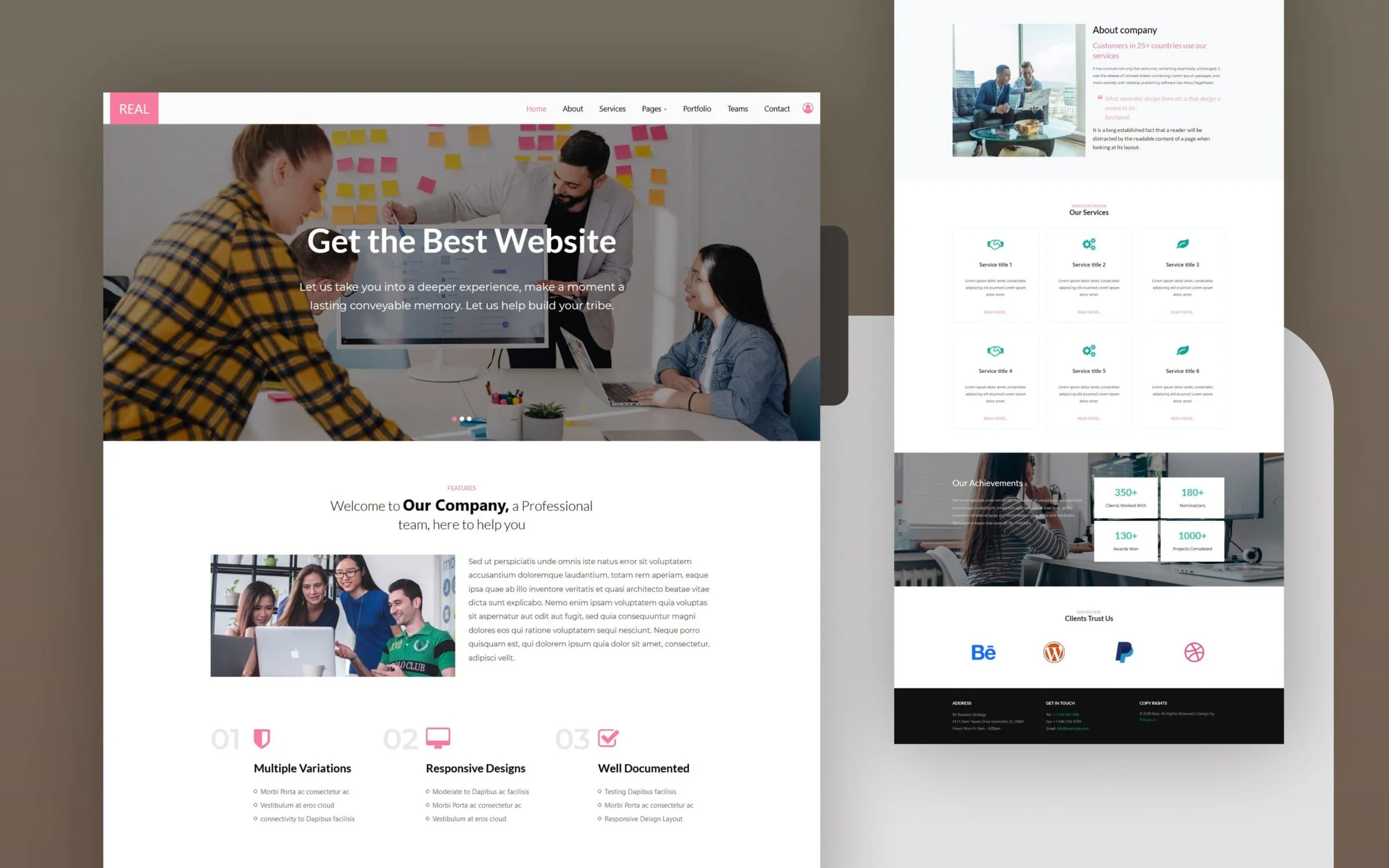 Voorpagina van een website voor een bedrijf dat webontwikkelingsdiensten aanbiedt, met een groep mensen die samenwerken en werken aan computers.