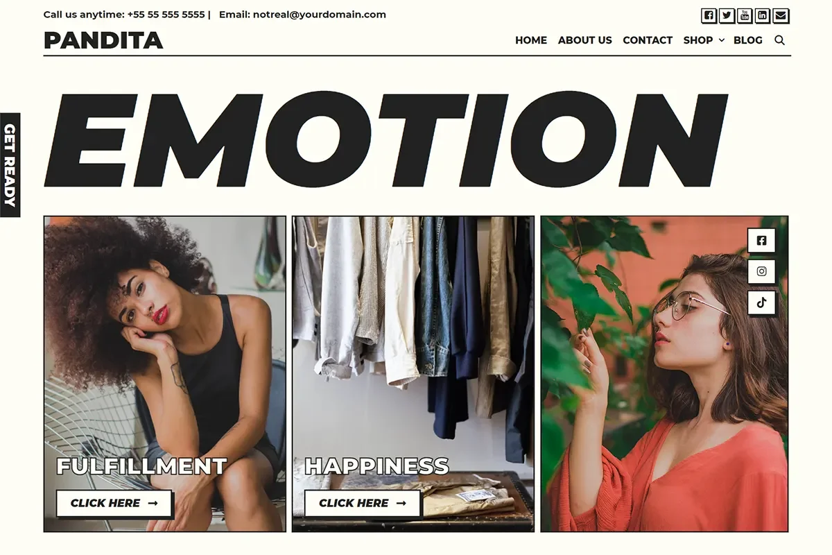 Een website homepage met grote koptekst 'EMOTIE', drie foto's: een vrouw met krullend haar en rode lippen, een kledingkast met diverse kledingstukken, en een vrouw met bril en een oranje blouse, naast social media iconen.
