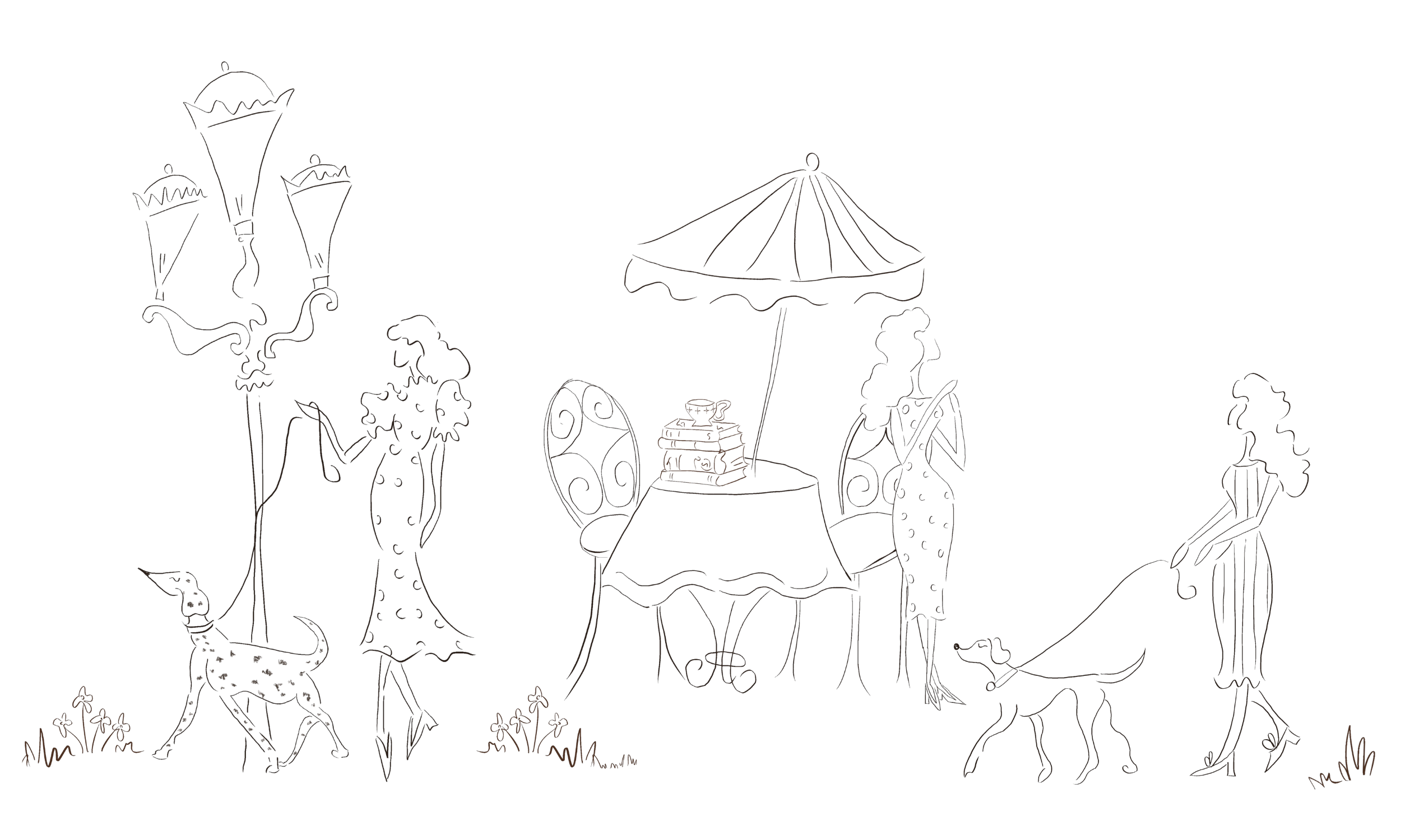 A line drawing of a fairy tale scene with characters such as a princess, a king, a knight, and a dragon around a table with books and a teacup, under a garden umbrella.