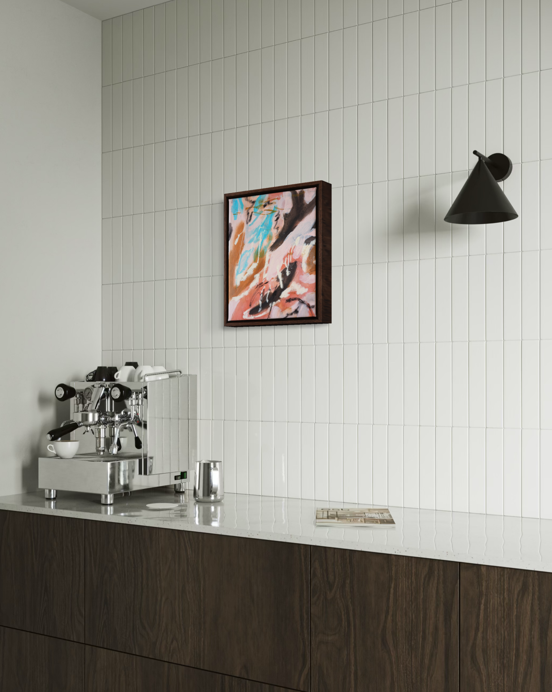 The Air Between abstract painting by Christina Anna Sperber displayed in a contemporary kitchen
