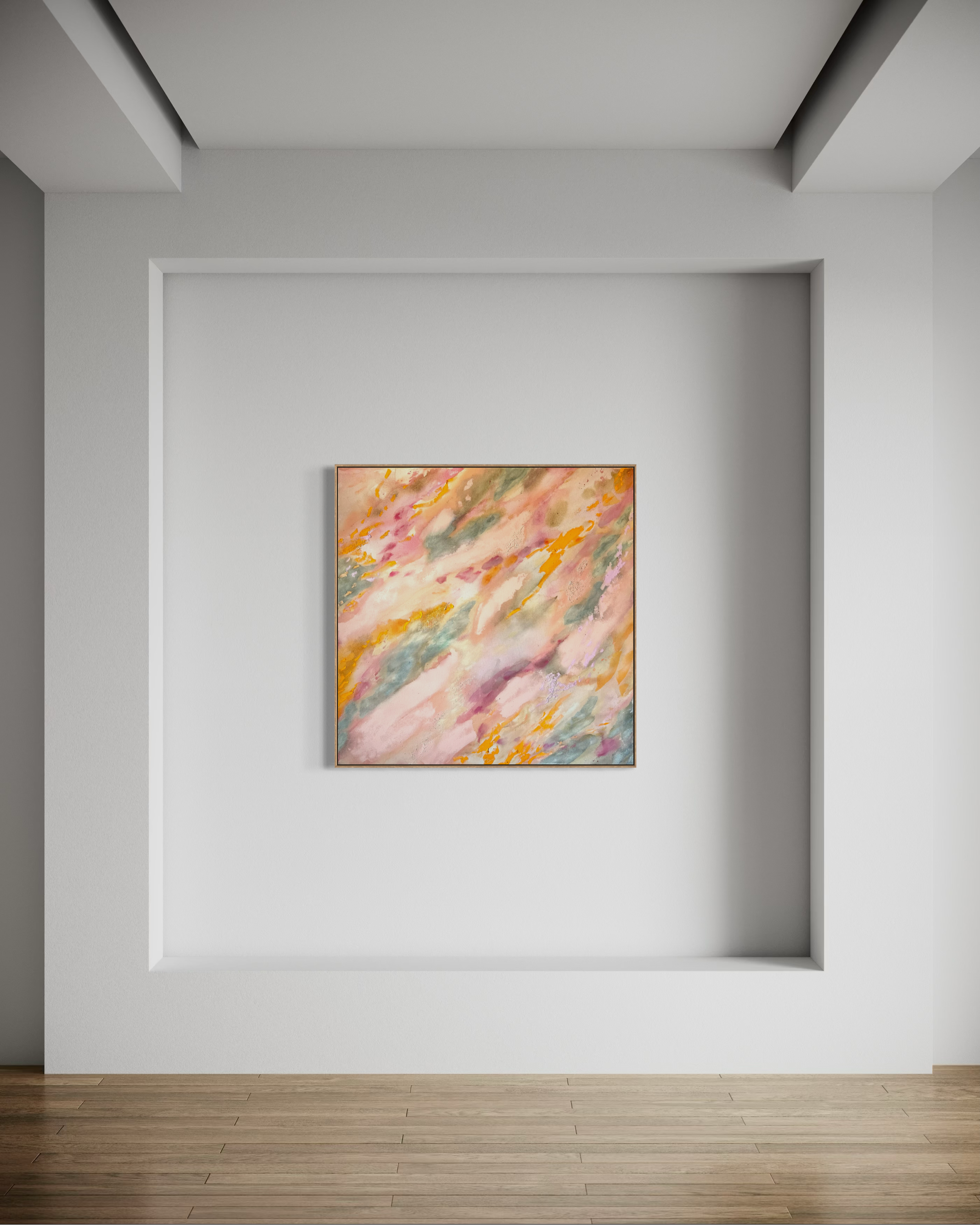 Empty art gallery with an abstract painting on the wall, white surround, wooden floor.