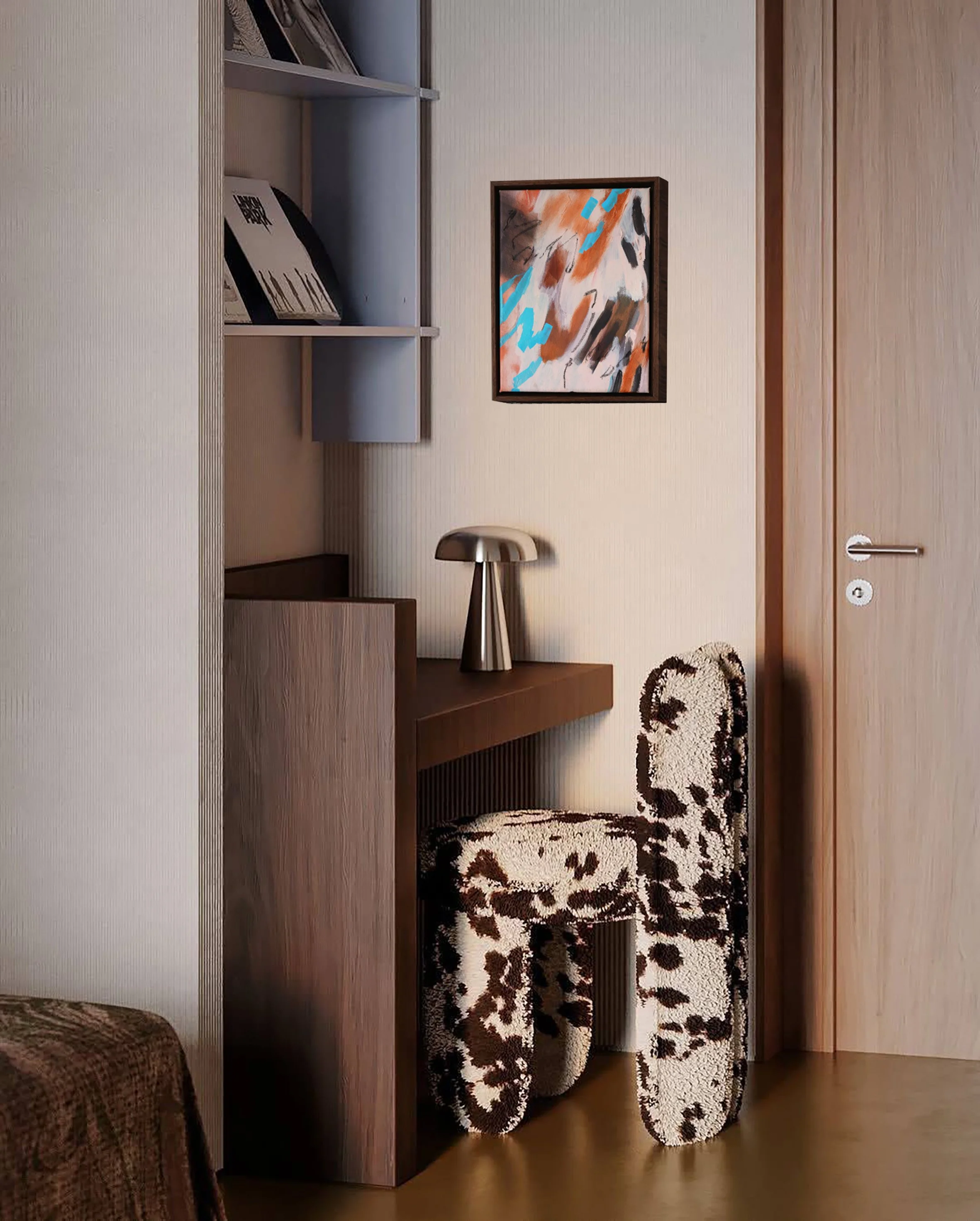 Original artwork by Christina Anna Sperber in a contemporary interior, framed in dark wood and integrated into a warm, modern living space.
