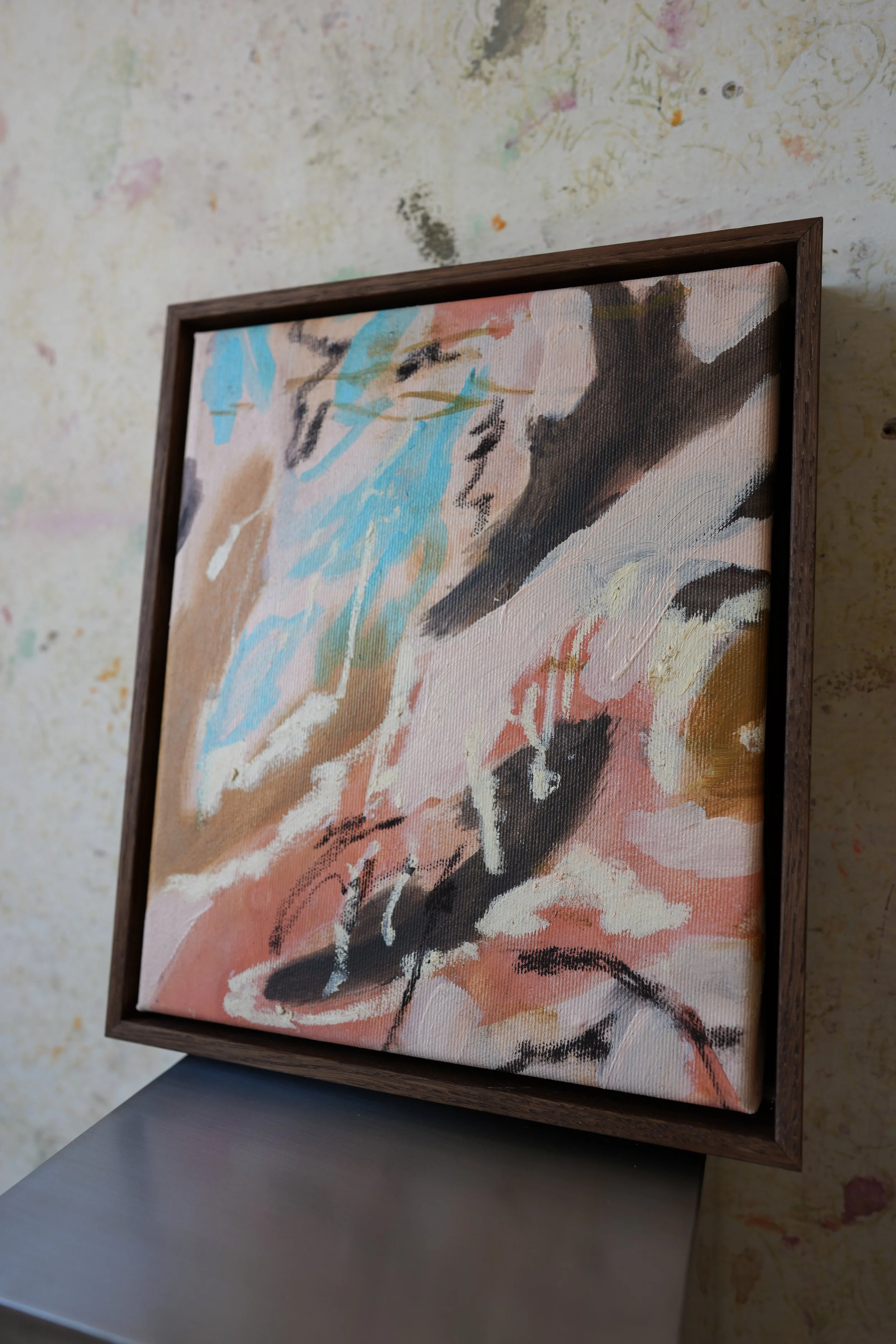 The Air Between abstract painting framed in walnut-stained oak