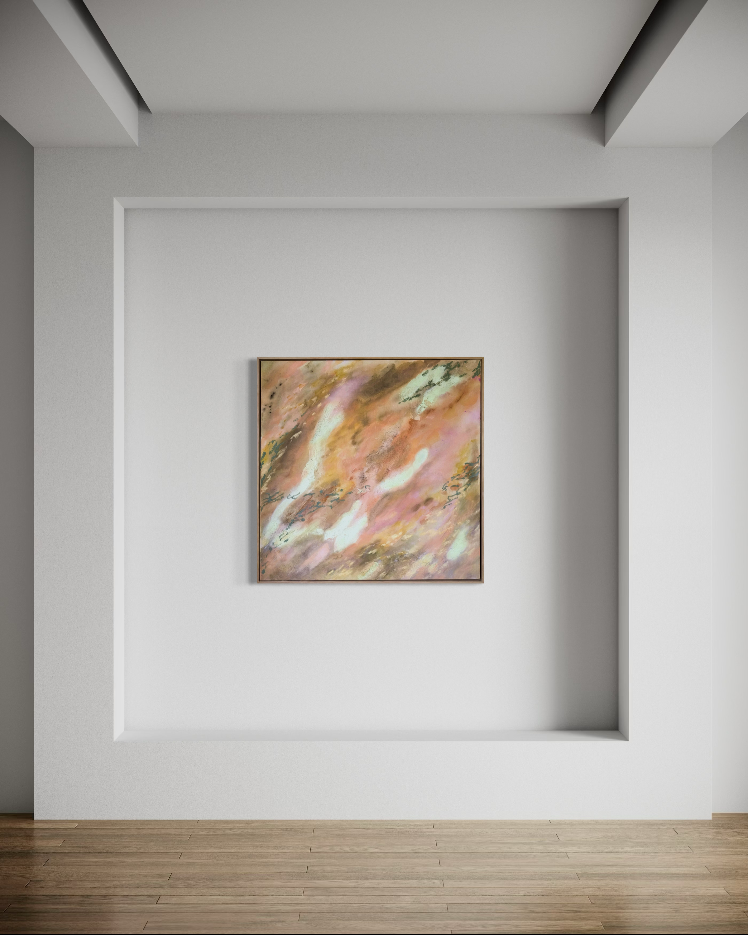 An art gallery wall with a single abstract painting hanging in a recessed display area.