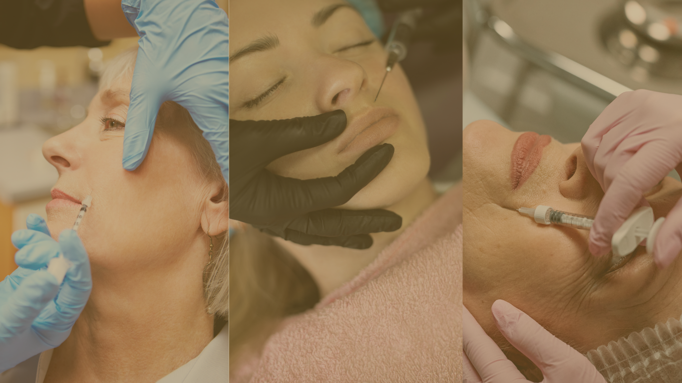 Three separate images of women receiving cosmetic injections or facial treatments, with healthcare professionals administering the procedures.