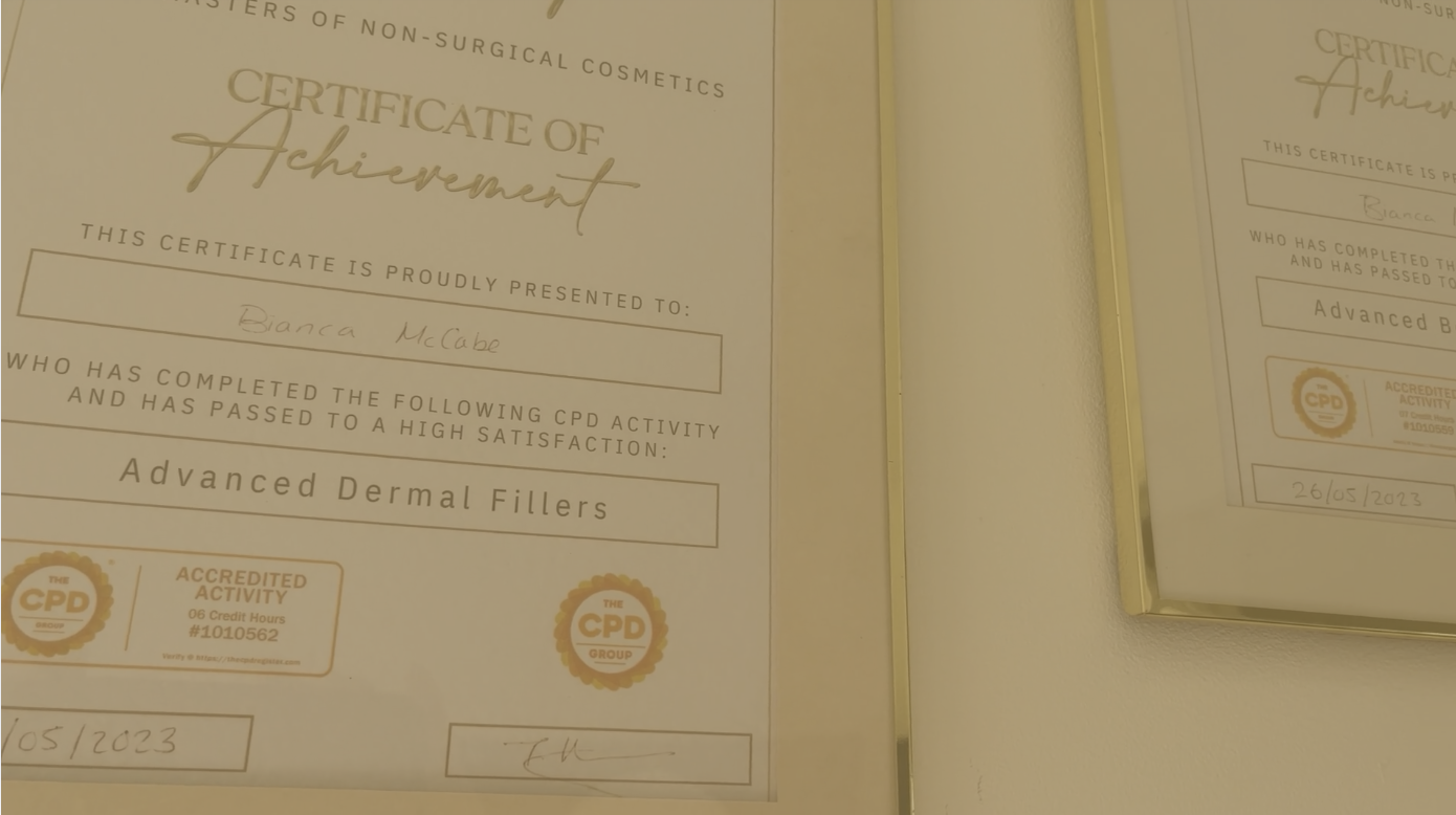 Certificate of achievement awarded to Bianca McCabe for completing advanced dermal fillers training, dated May 26, 2023, issued by the CPD group.