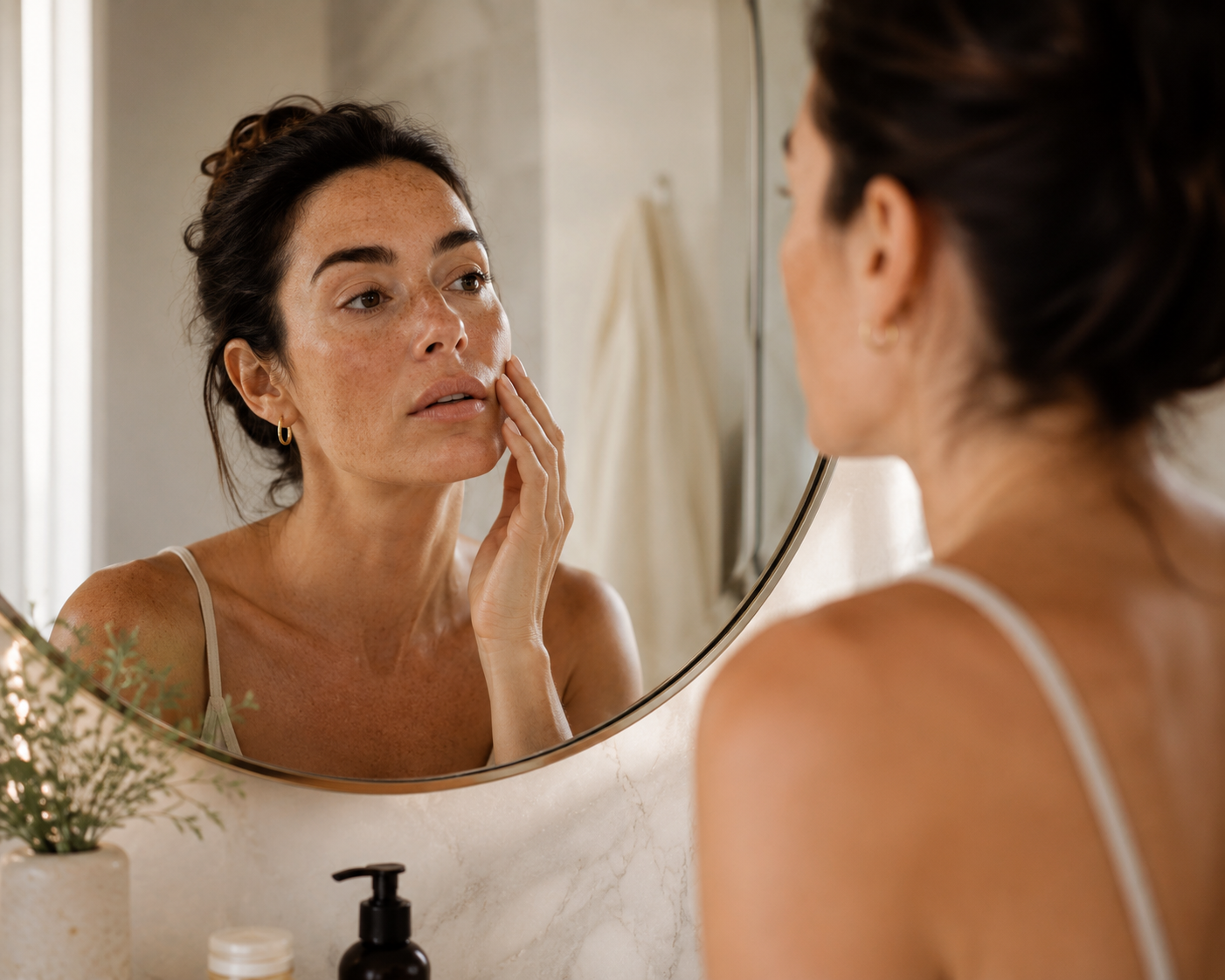Woman examines skin in mirror.