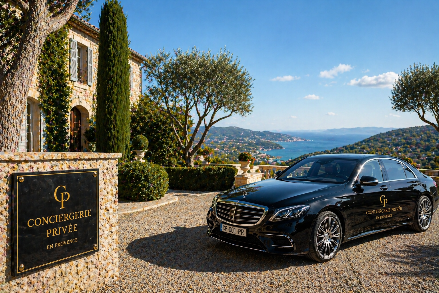 Une voiture noire Mercedes-Benz avec le logo des services de conciergerie privée en Provence, stationnée devant une villa avec vue sur la mer, entourée de plantes et d'arbres dans un paysage ensoleillé.