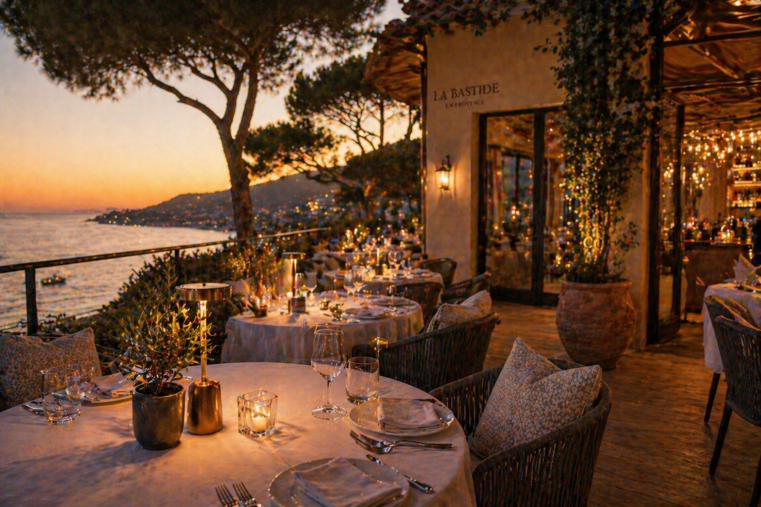 Restaurant en plein air sur une terrasse face à la mer au coucher du soleil, avec des tables dressées, des bougies, des plantes et des éclairages chaleureux.