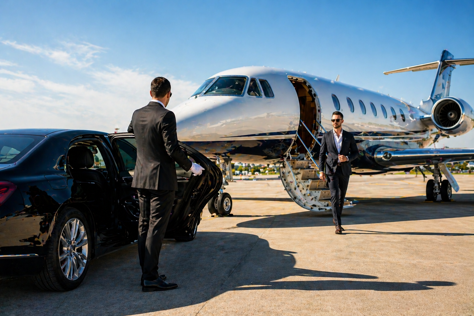 Deux hommes en costume élégants accueillent une personne dans une voiture de luxe près d'un avion privé à l'aéroport par une journée ensoleillée.