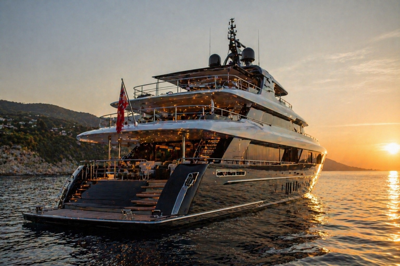 Un yacht de luxe naviguant au coucher du soleil sur une mer calme, avec une montagne en arrière-plan.