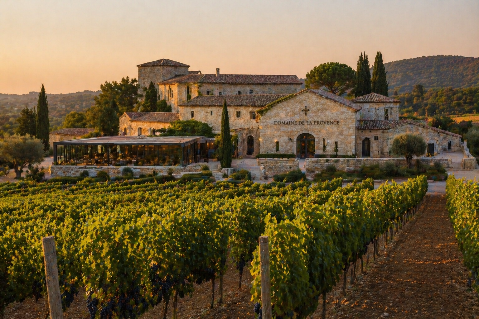 Vignoble avec un bâtiment en pierre portant l'inscription 'Domaine de la Provence', en arrière-plan des collines et un coucher de soleil.