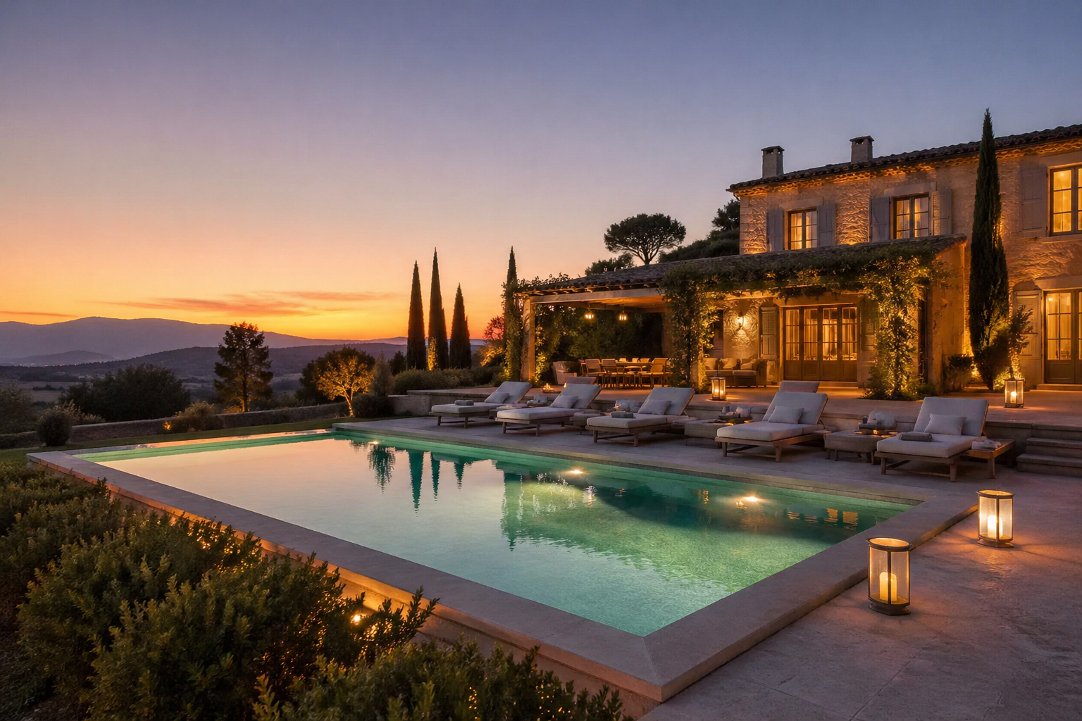 Villa en pierre avec terrasse, terrasse et piscine éclairée, mobilier de jardin, arbres et montagnes au loin, coucher de soleil, ambiance chaleureuse