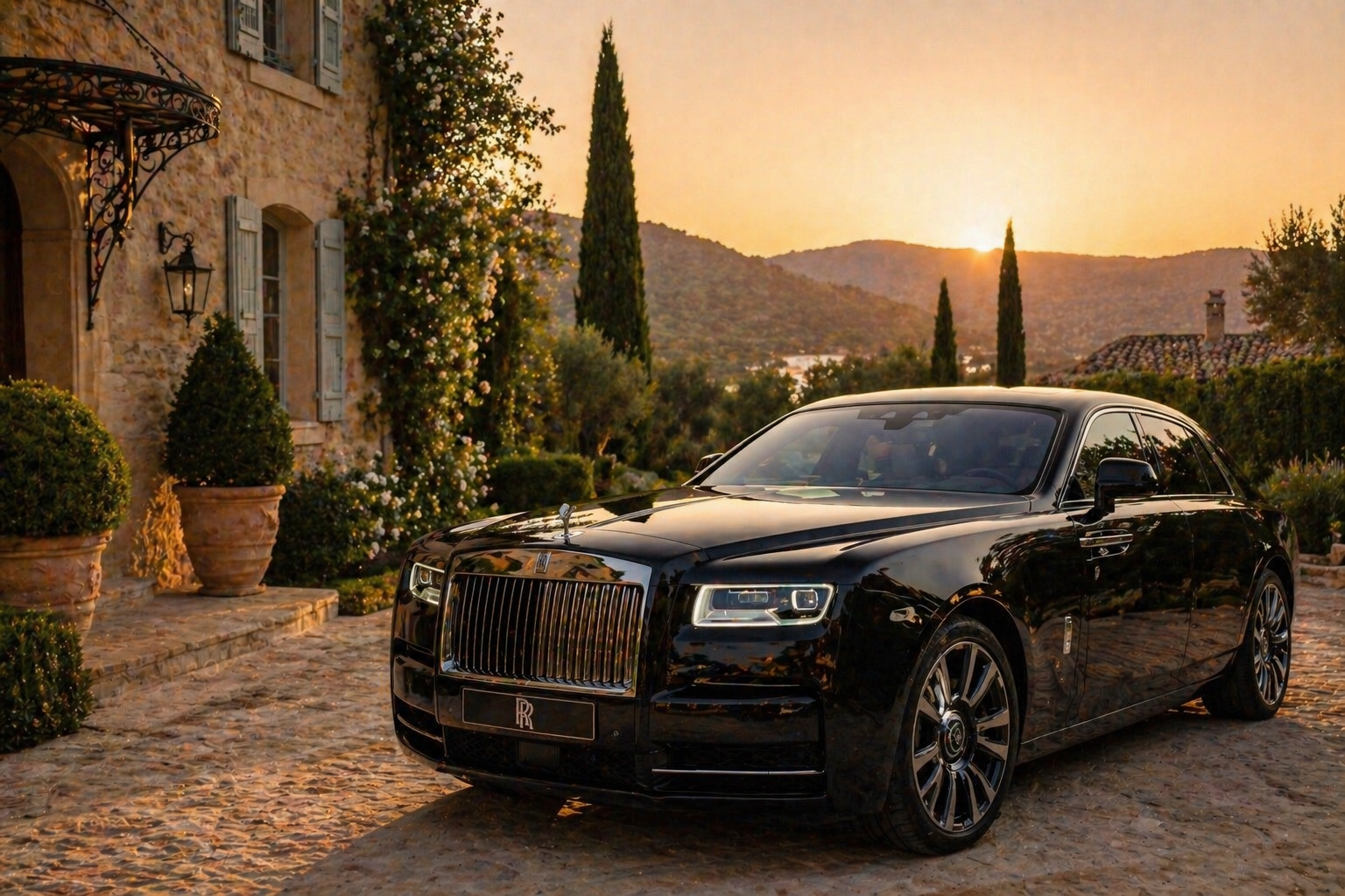 Une voiture noire de luxe Rolls-Royce dans un paysage méditerranéen au coucher du soleil, avec une maison en pierre, des plantes en pot et des arbres, y compris des cyprès, sur une route pavée.