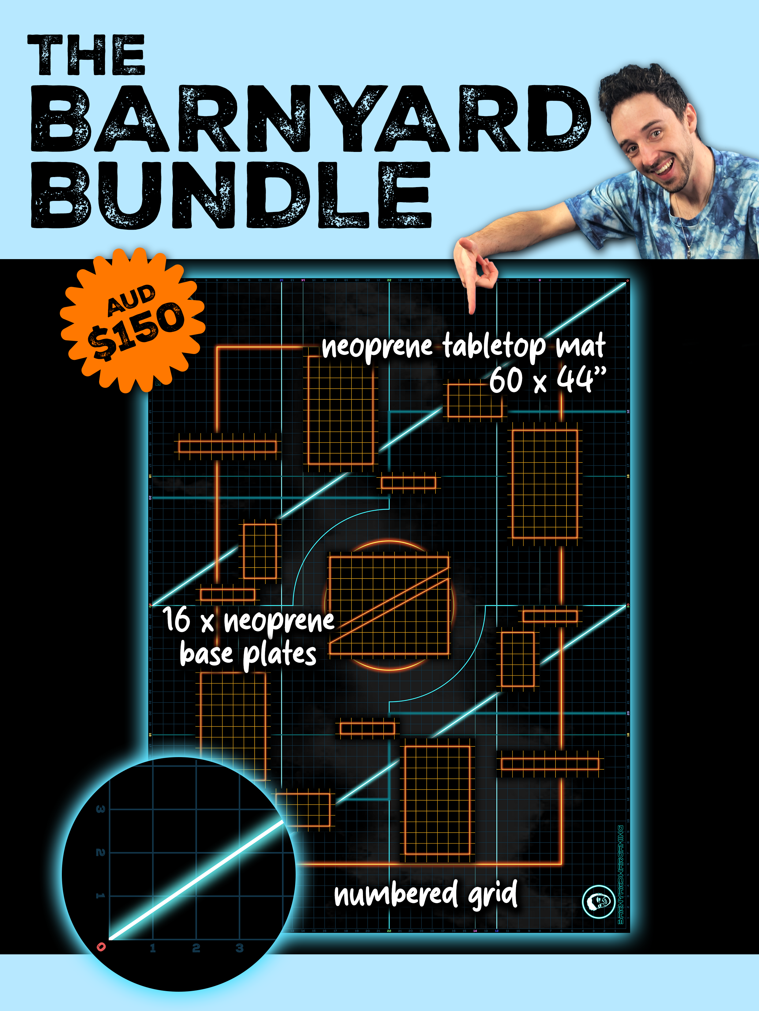 Product advertisement for The Barnyard Bundle, a set of neon-colored, numbered grid and base plates made of neoprene, priced at $150, with logos and branding on a neon-lit grid background.