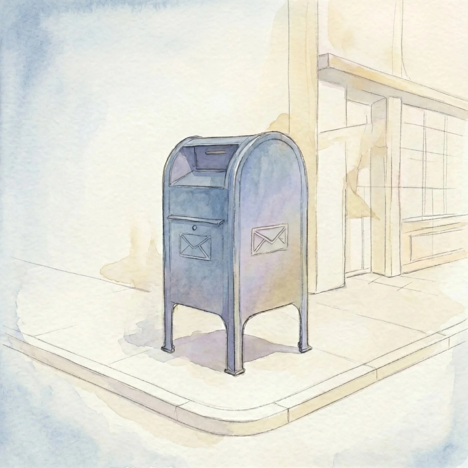 A watercolor drawing of a postal mailbox on a sidewalk corner next to a building with a corner window.