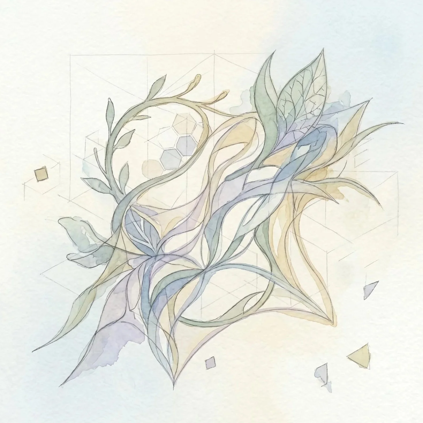 A delicate, abstract watercolor illustration of intertwined leaves and branches with geometric honeycomb shapes in the background.