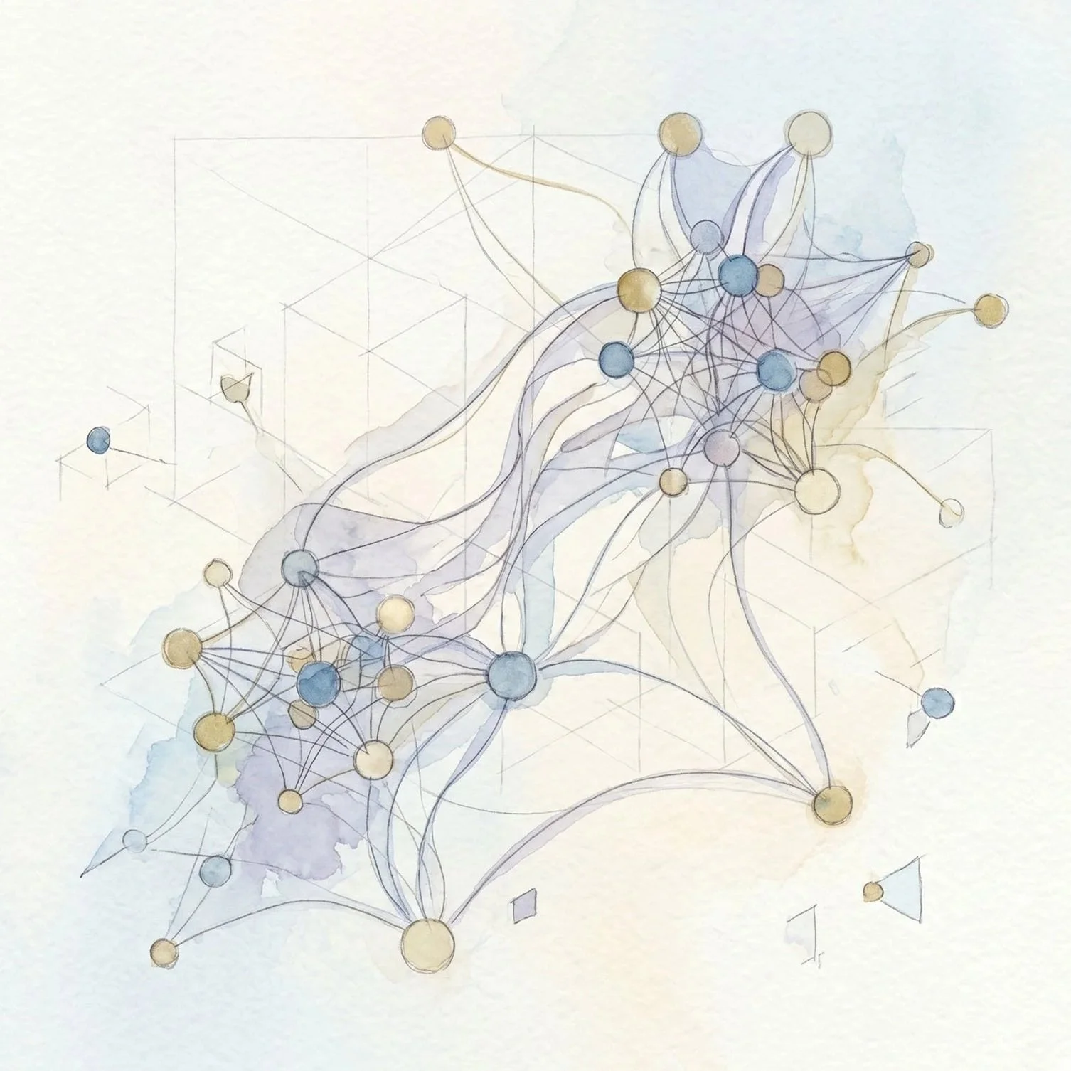 A watercolor illustration of a network graph with interconnected circles and lines in shades of blue, yellow, and gray, with some geometric shapes in the background.