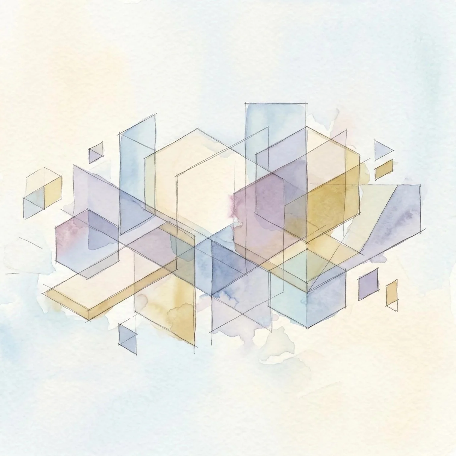 A watercolor illustration of a cityscape with geometric buildings and structures in pastel colors.