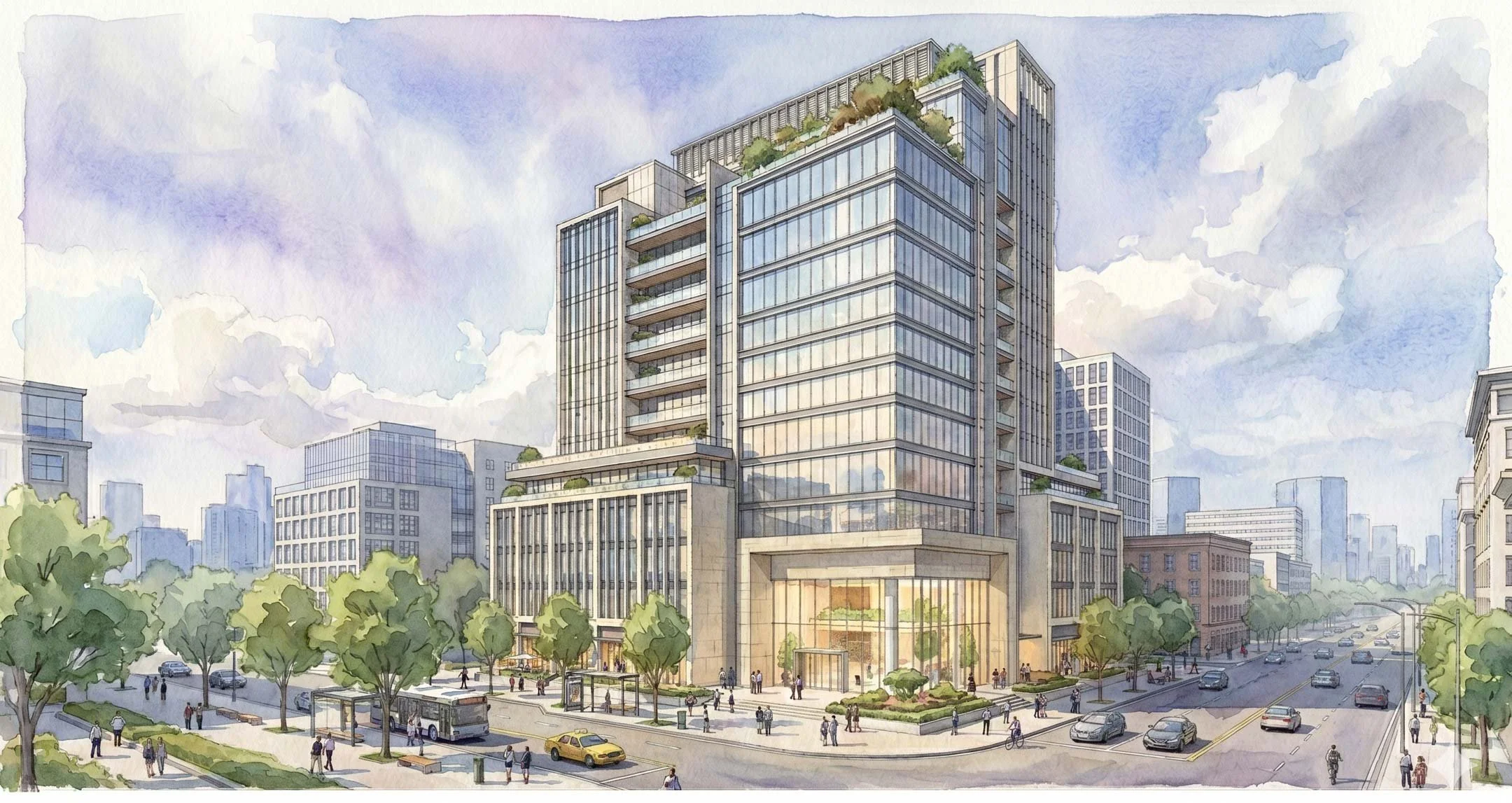 A detailed watercolor illustration of a modern, multi-story building in an urban setting, surrounded by trees, with people walking and cars on the street.