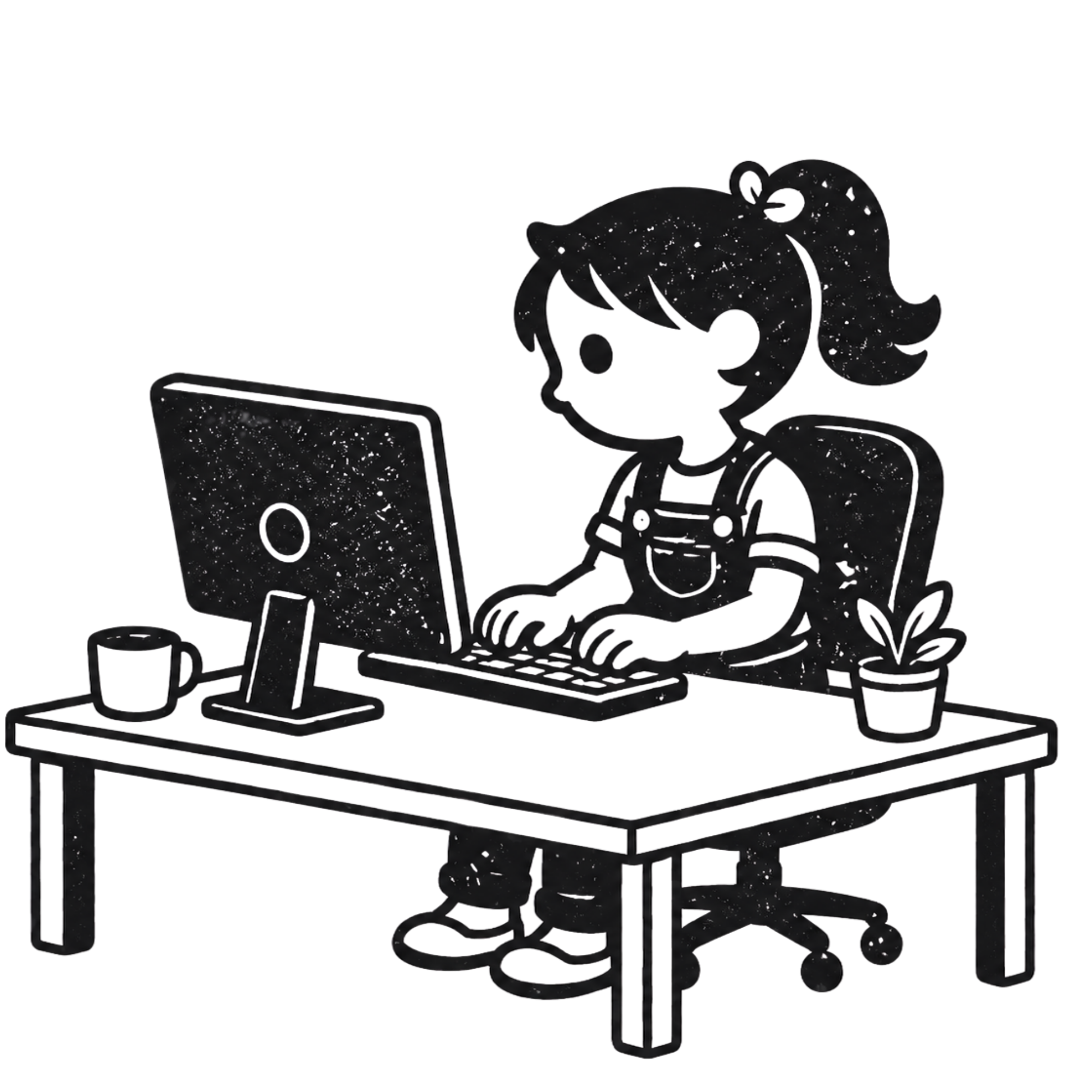 Illustrated woman sitting at a table working on a laptop, with a coffee mug..