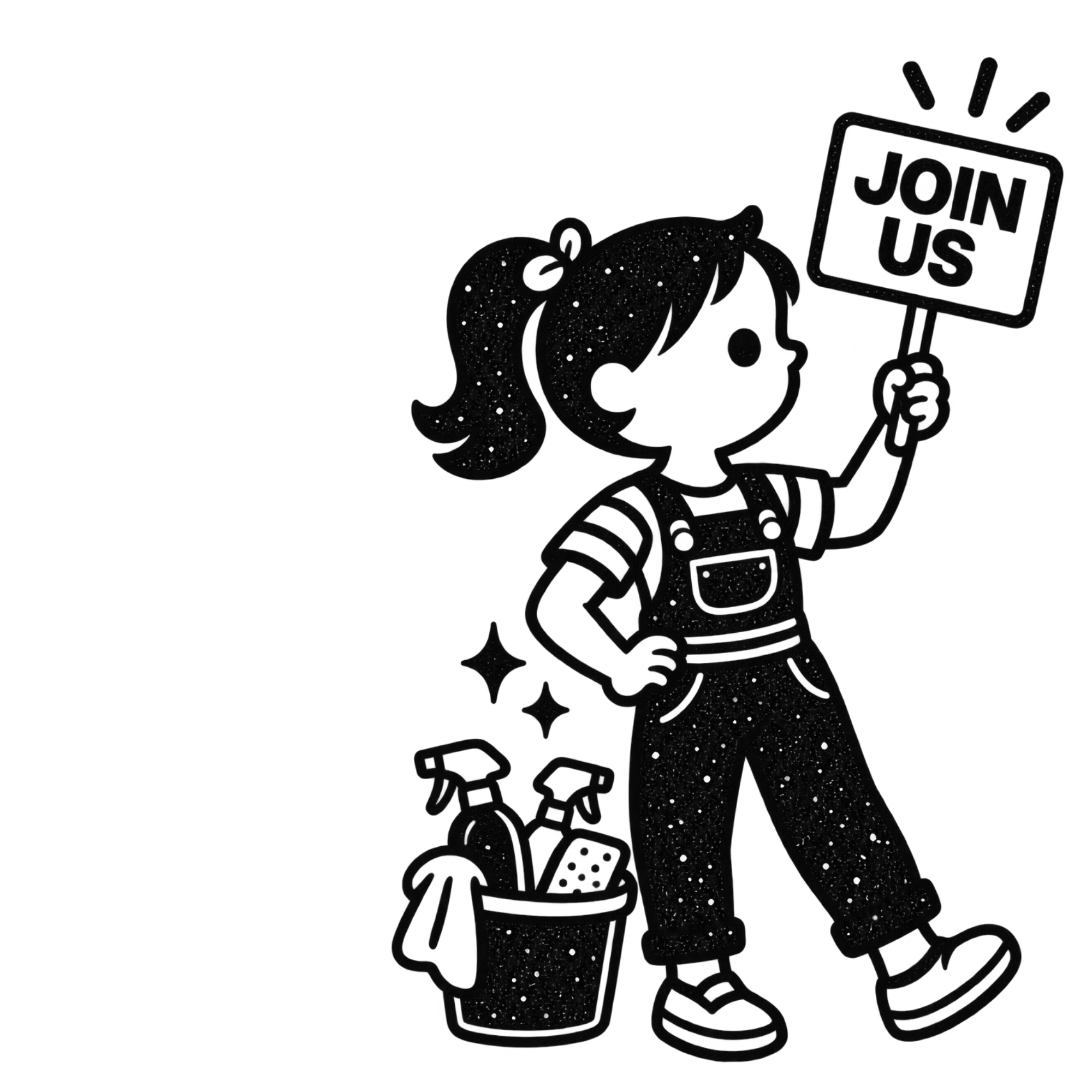 Illustration of a girl with curly hair, holding a sign that says 'Join Us', surrounded by sparkles.