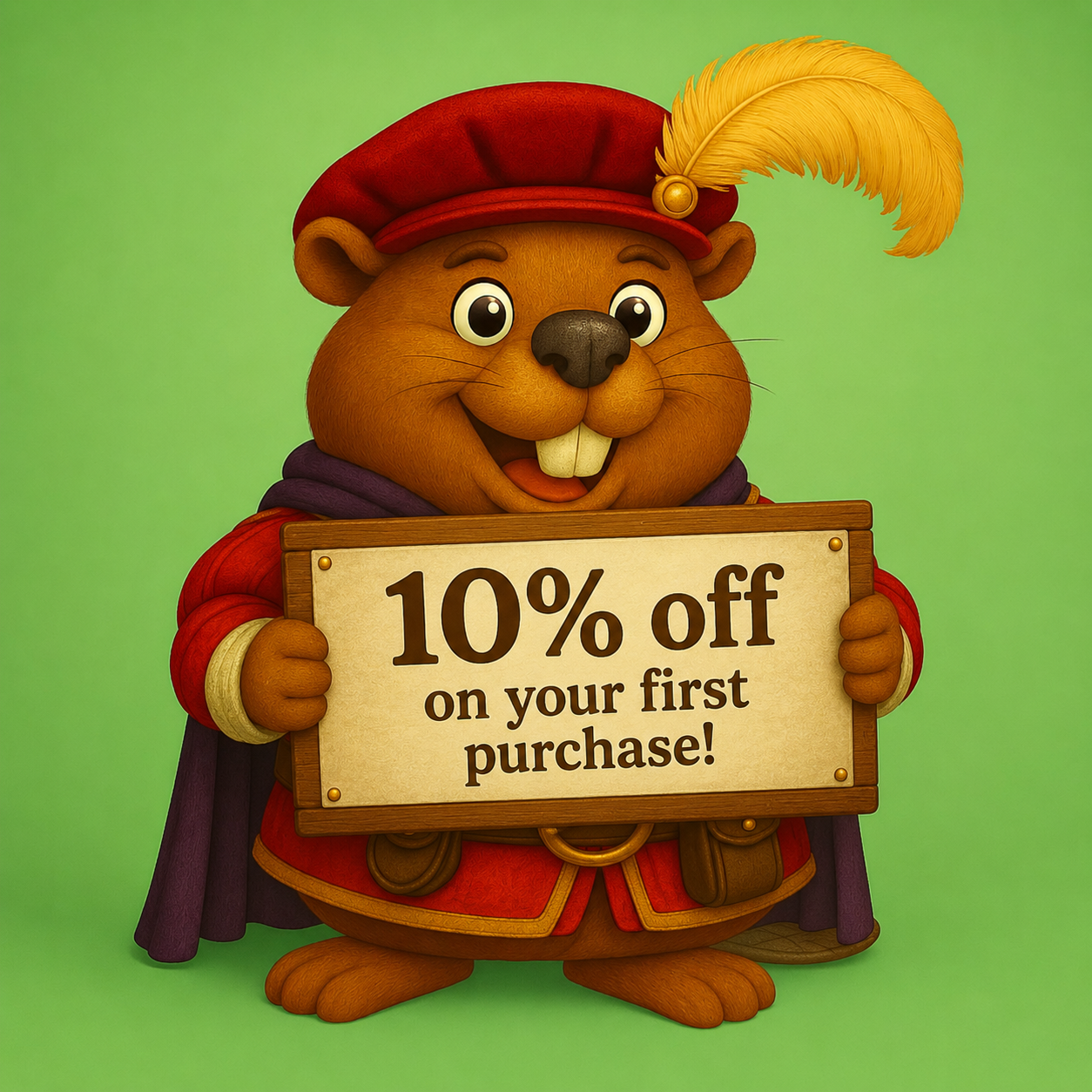 A cartoon beaver dressed as a medieval knight holding a sign promoting a 10% discount on first purchase, with a green background.