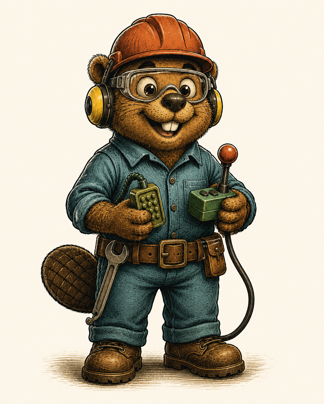 An animated beaver dressed as a construction worker, wearing a red helmet, goggles, and a denim shirt. The beaver is holding a remote control and a joystick, with a wrench hanging from its belt.