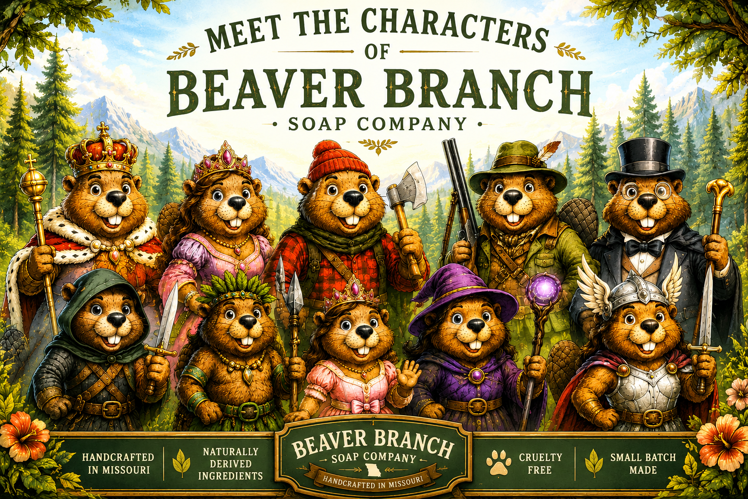 Colorful illustration of beaver characters dressed as royalty, adventurers, and wizards standing in a forest with mountains in the background, promoting Beaver Branch Soap Company.
