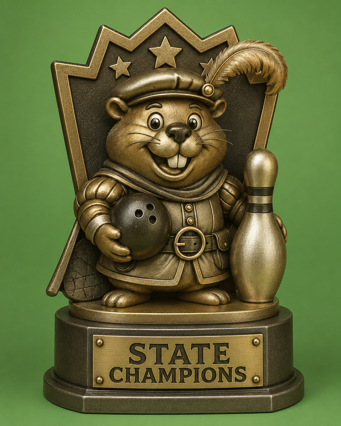 Gold-colored trophy of a cartoon chipmunk dressed as a bowler, holding a bowling ball and a bowling pin, in front of a starry background on a round base with a plaque that reads 'State Champions'.