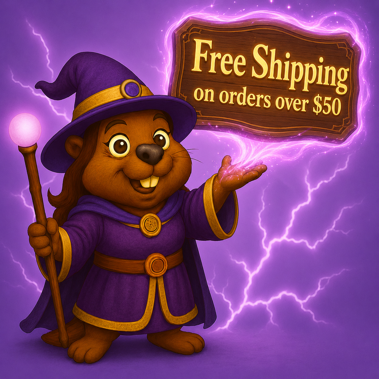 Animated beaver dressed as a wizard in purple robes and hat, holding a staff, in front of a purple background with lightning, next to a sign offering free shipping on orders over $50.