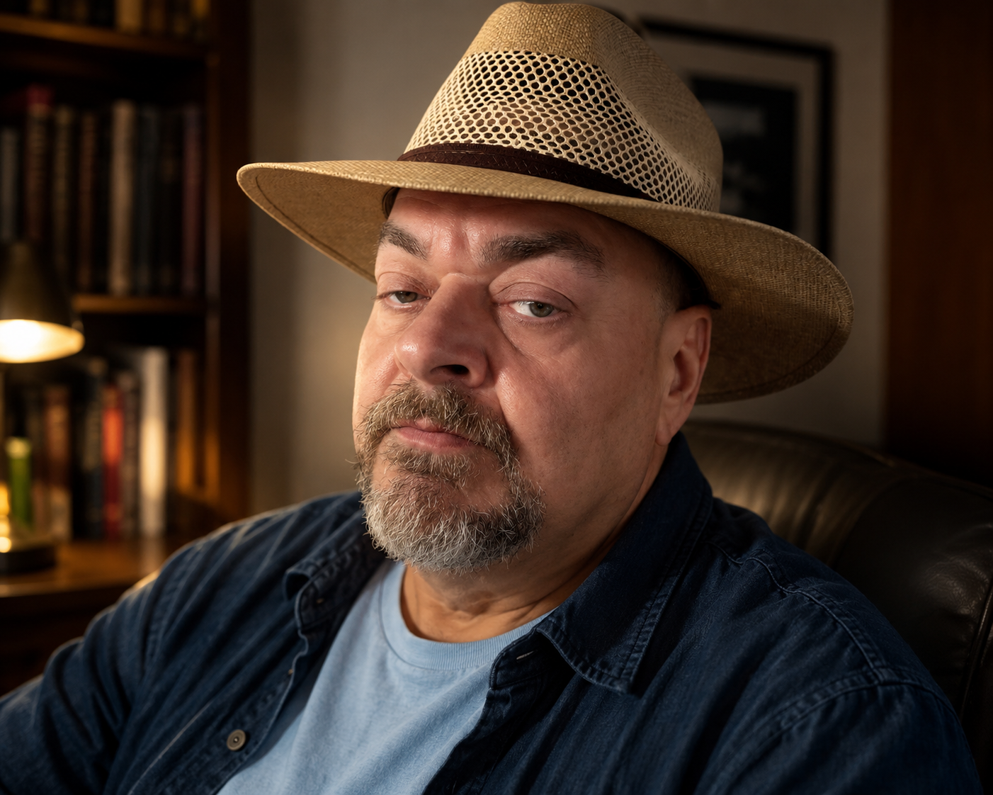 A middle-aged man with a gray beard and mustache wears a tan fedora hat and a dark blue shirt. He is sitting indoors with a bookshelf and a lamp in the background, giving a serious or skeptical expression.
