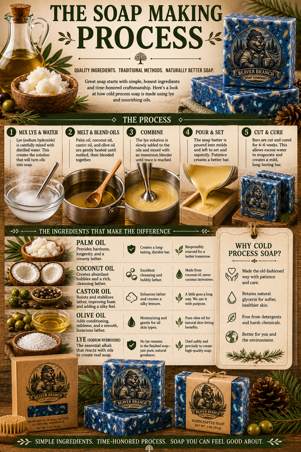 A detailed informational poster about the soap making process, including ingredients like palm oil, coconut oil, castor oil, olive oil, and lye, with step-by-step instructions and benefits of cold process soap.