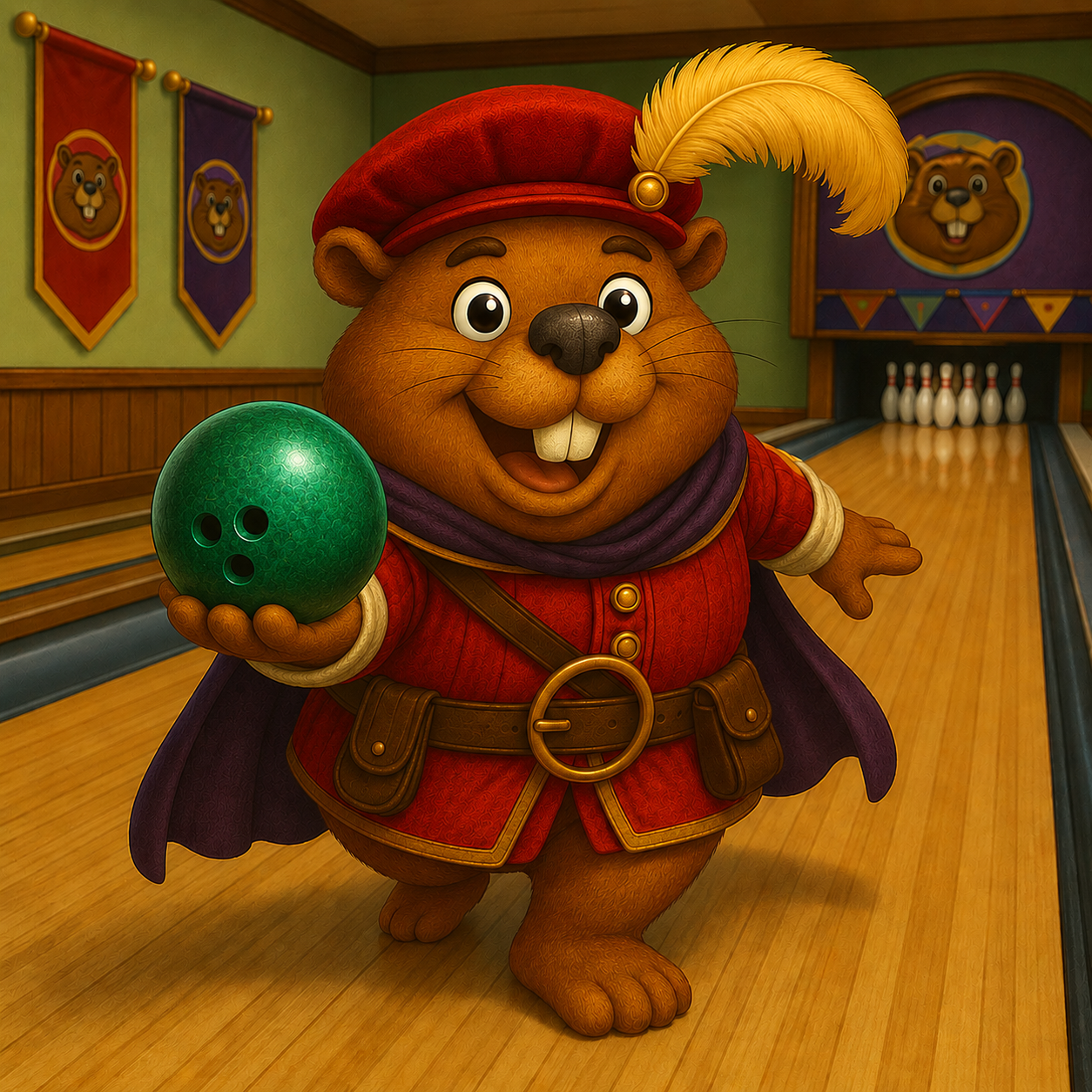 A cheerful animated beaver dressed as a bowler hat and feathered hat, holding a green bowling ball in a bowling alley with pins ready to be knocked down.