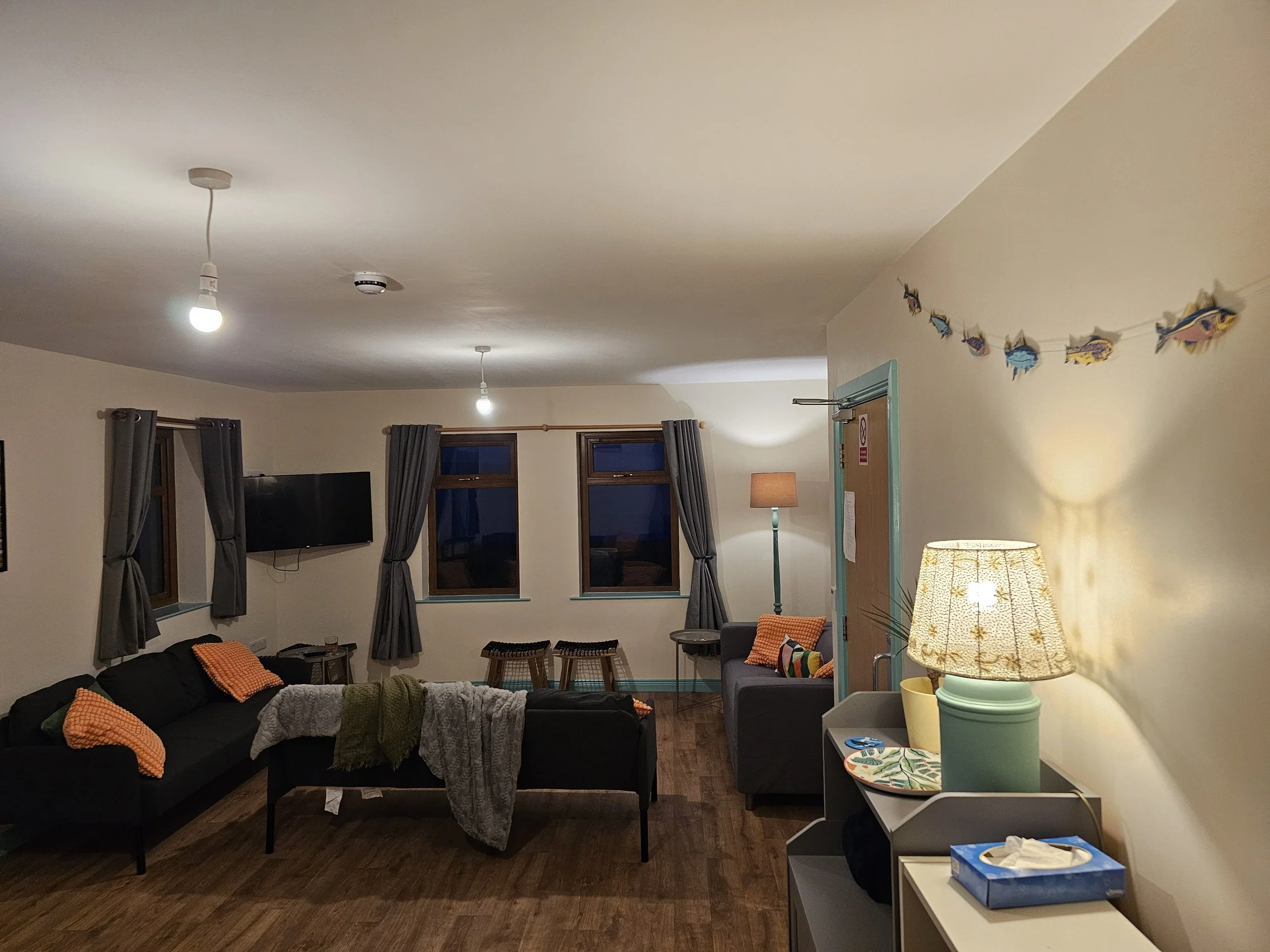 Living room with a black sofa with orange pillows, a wall-mounted flat-screen TV, gray curtains, three windows, two small tables, a tall lamp, colorful fish decorations on the wall, a lamp with a floral lampshade, and a side table with tissues and a 