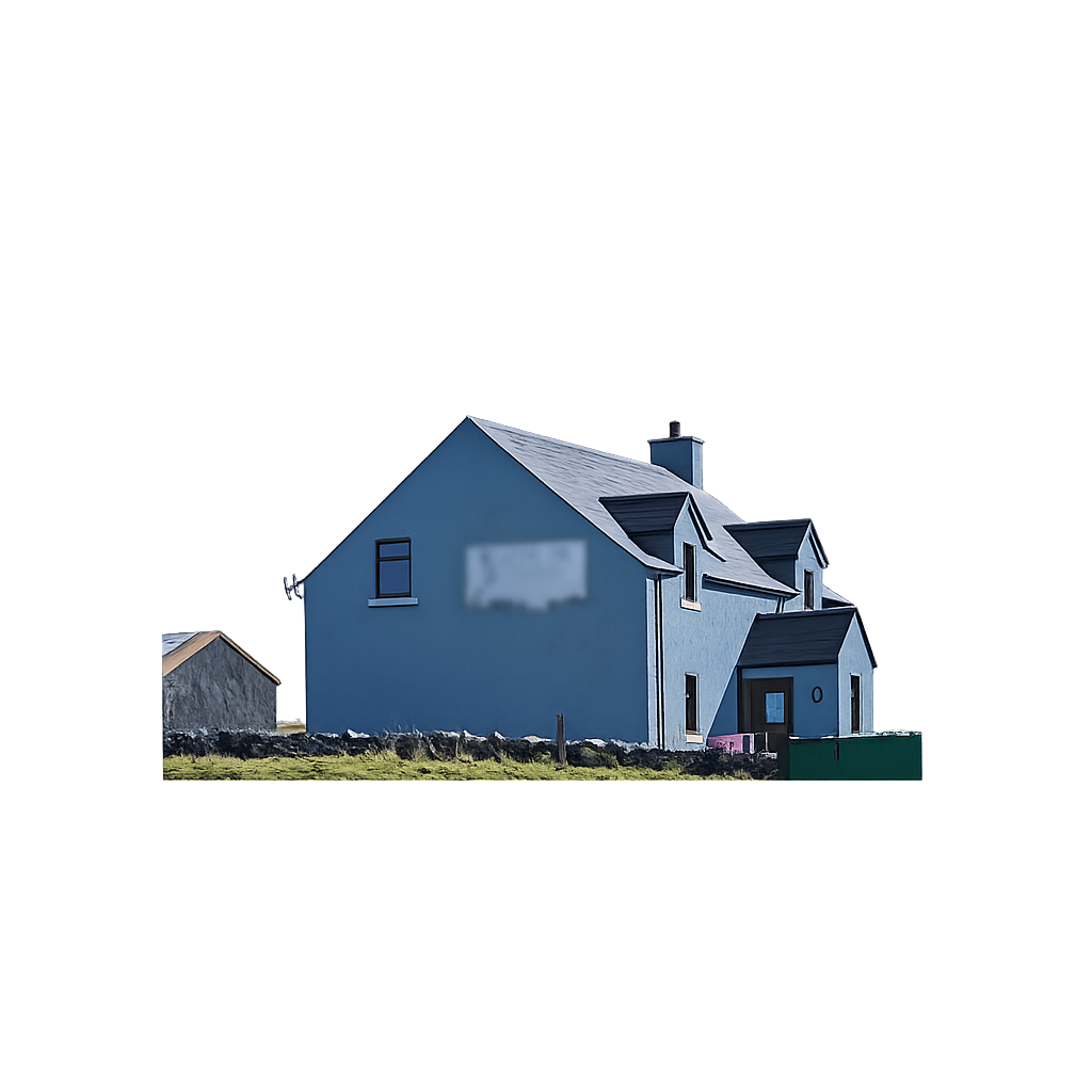 Kelp Shore House , blue building.  Self-catering holiday home accommodation on Rathlin Island, Northern Ireland