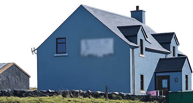 Blue house with a gabled roof and multiple small dormer windows, situated on a grassy landscape under a clear sky.