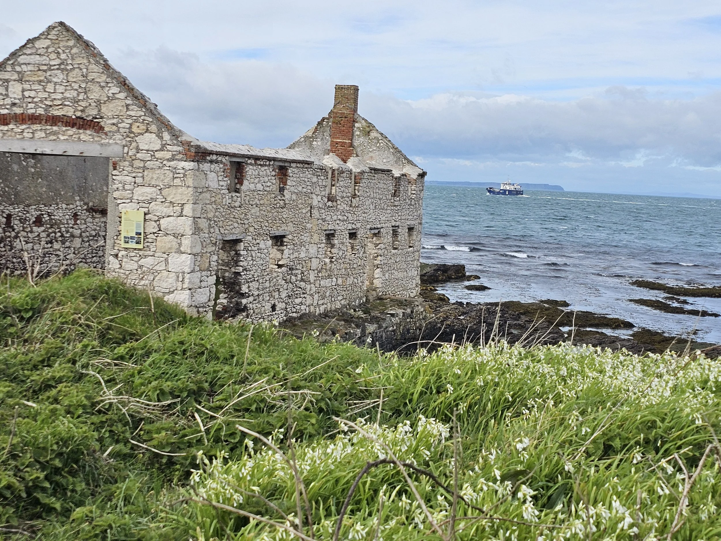 A stone building with a corrugated metal roof by the coastline, with a boat sailing in the water and an island in the background