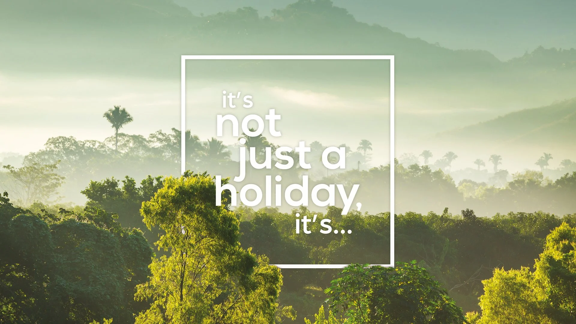 Lush green forest with misty mountains in the background and an overlay of white text reading 'it's not just a holiday, it's...'