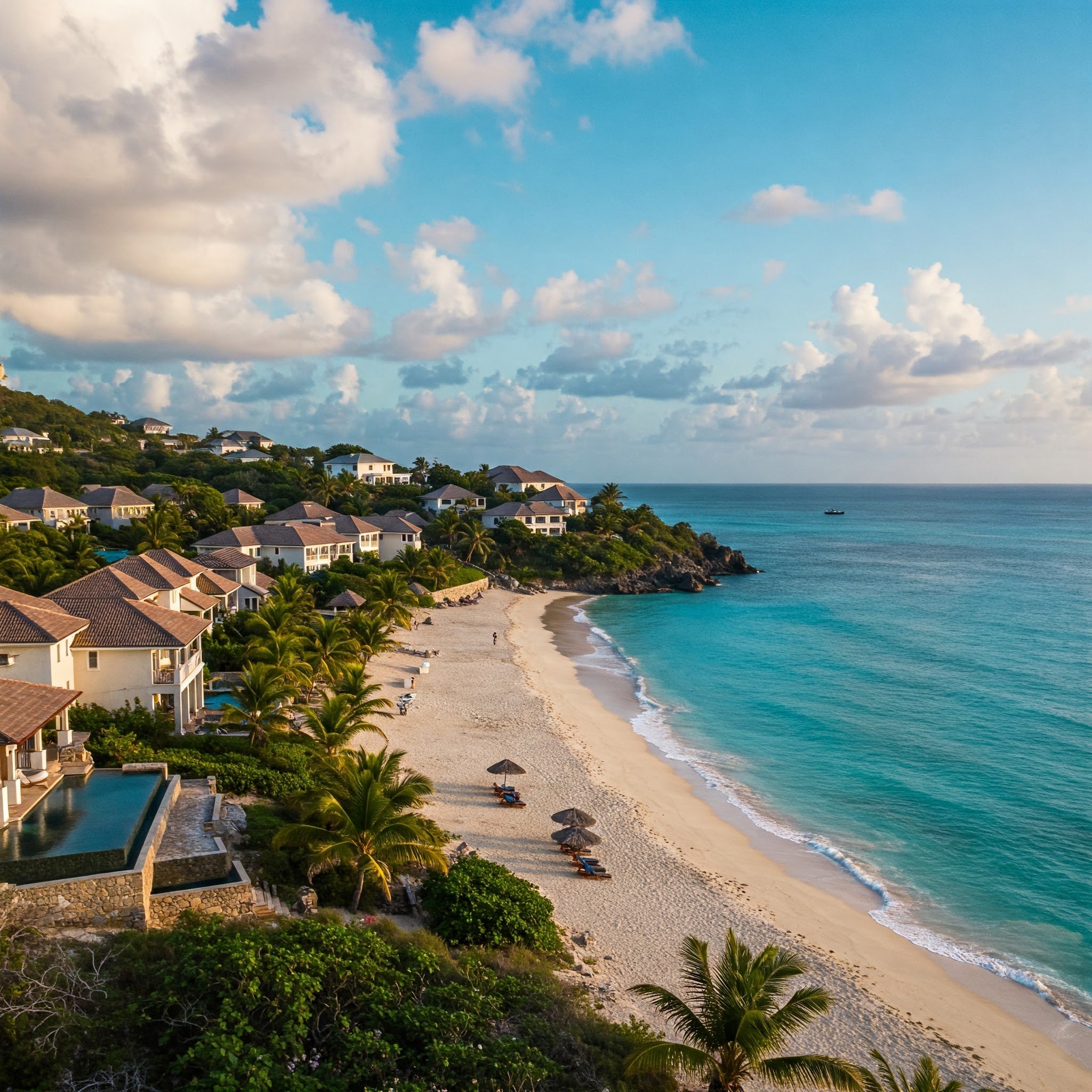 a beautiful, tranquil beach in Antigua with luxury villas nearby
