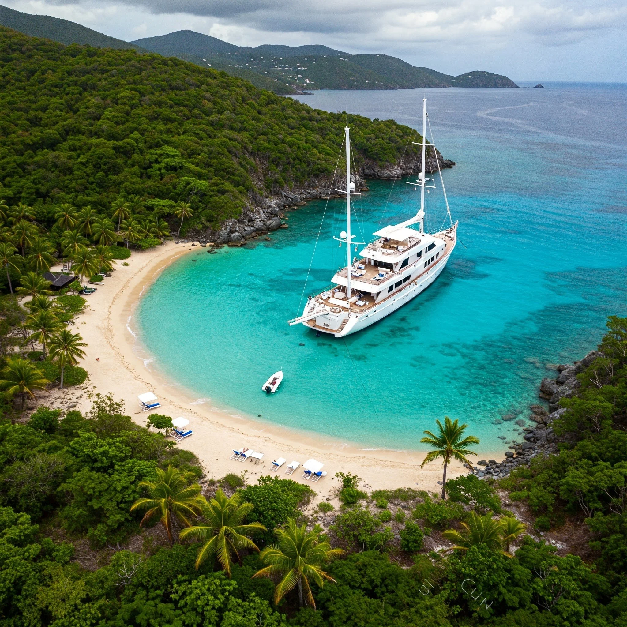 A luxury yacht at anchor in a secluded cove in the British Virgin Islands