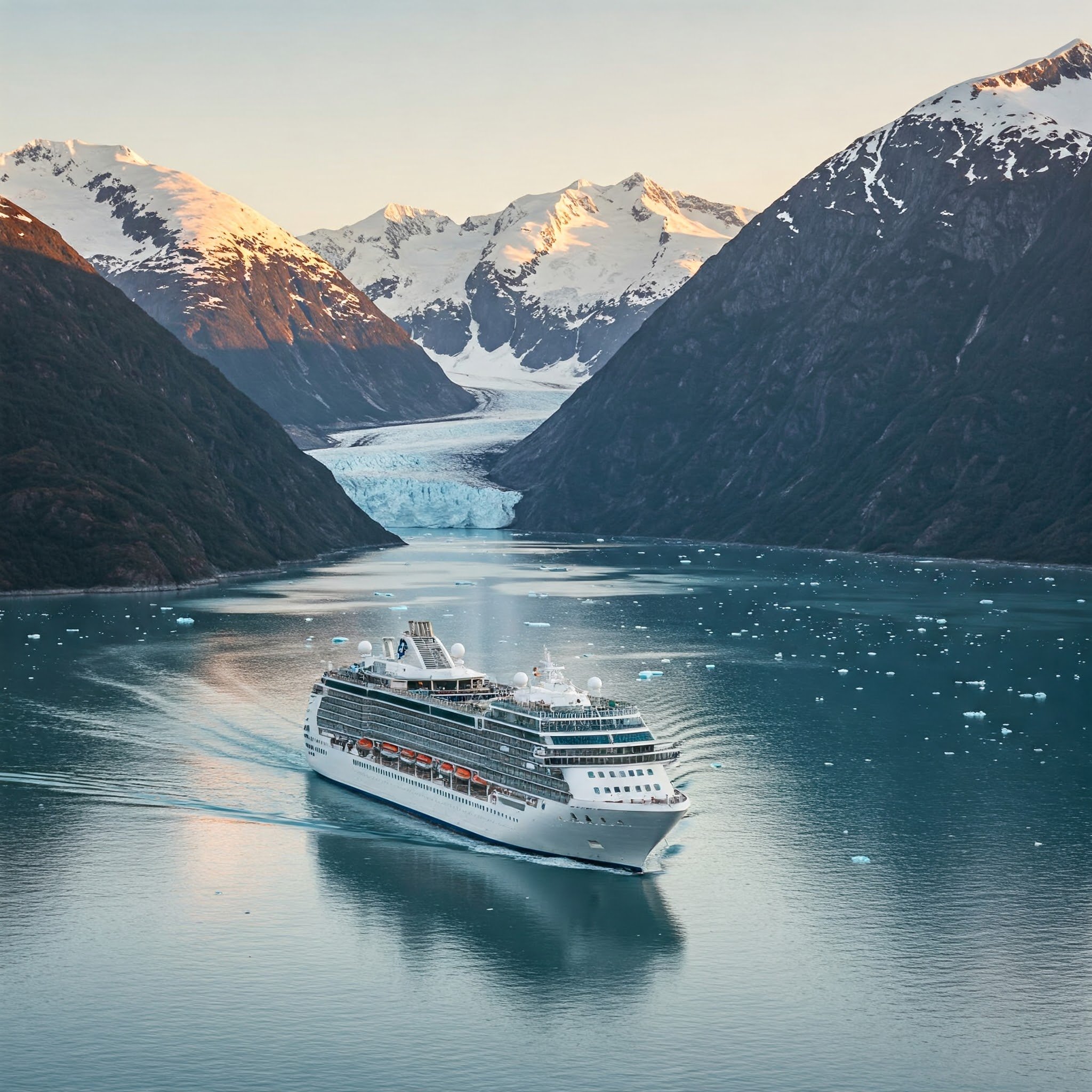 A luxury cruise ship sailing through a fjord in Alaska