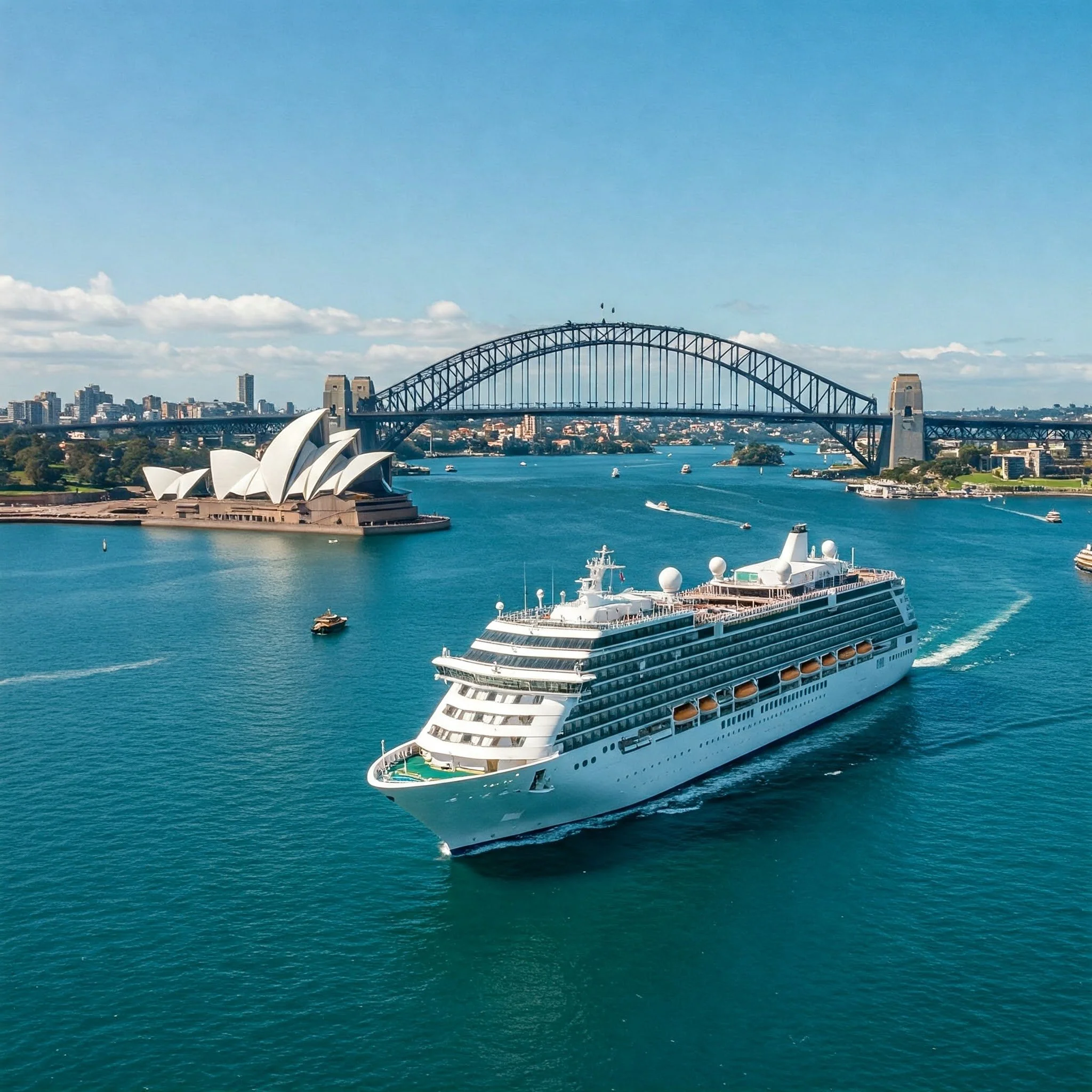 A luxury cruise ship sailing through the Sydney harbor