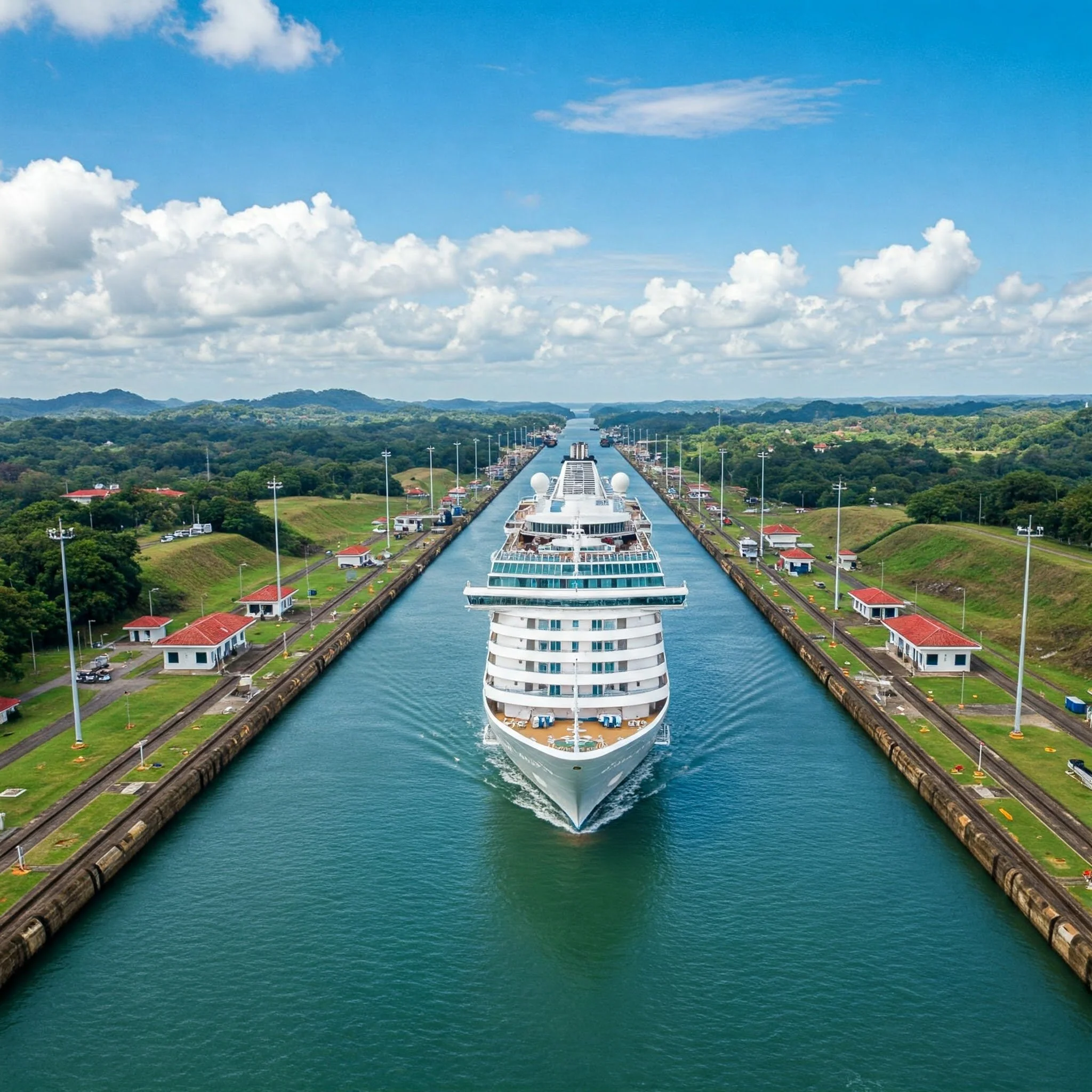A luxury cruise ship sailing through the Panama Canal